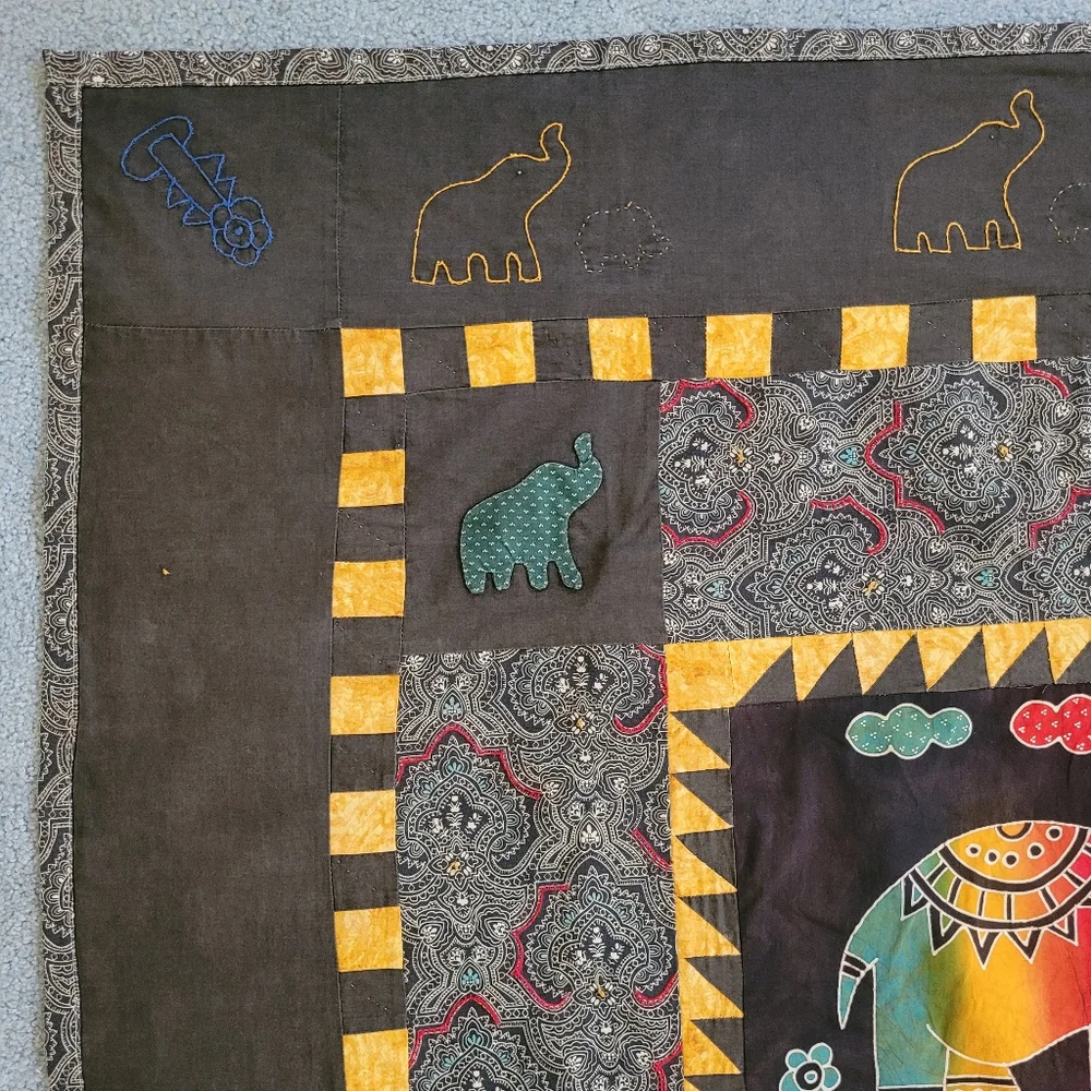 Handmade Original Summer Quilt Colorful Elephant Batik Embroidered 45x45